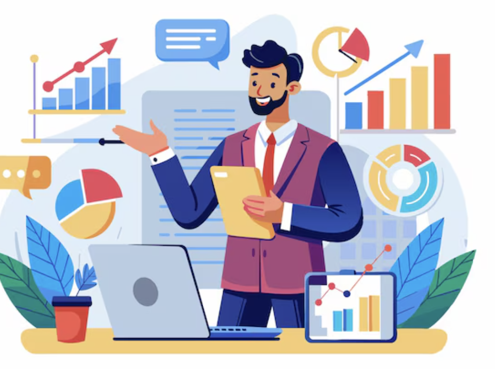 A digital illustration of a man in a suit holding a clipboard and presenting financial data, surrounded by graphs, charts, and a laptop on a desk.